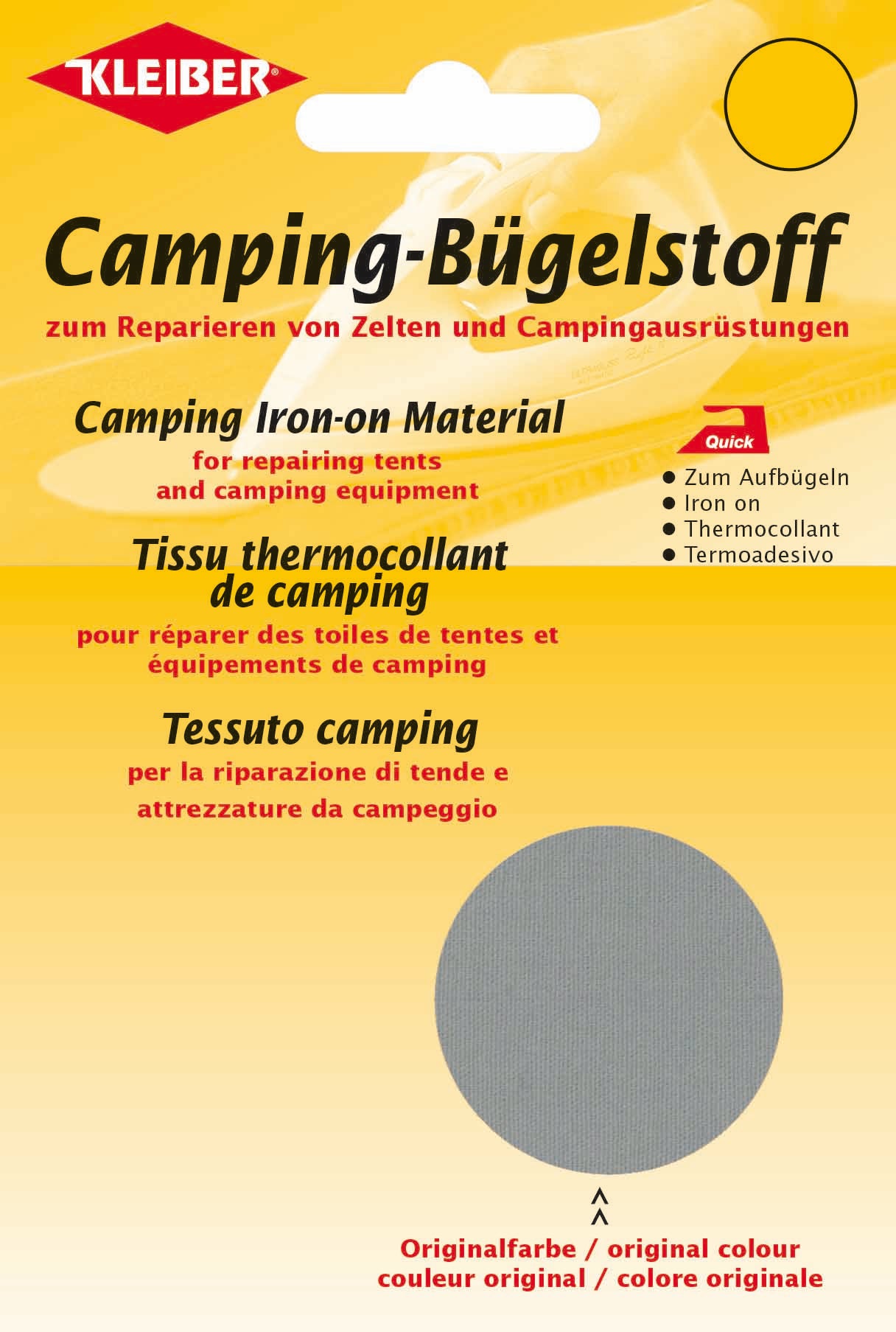 Camping-reparasjonsstoff til strykejern 34x12 cm grå fra Kleiber - for reparasjon av telt og utstyr