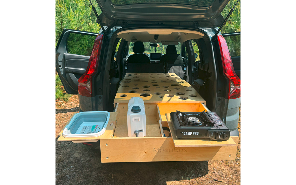 Campingboks Slim for kombi, SUV og van m/soveunderlag 173-190 cm - Moonbox detalj av kjøkken