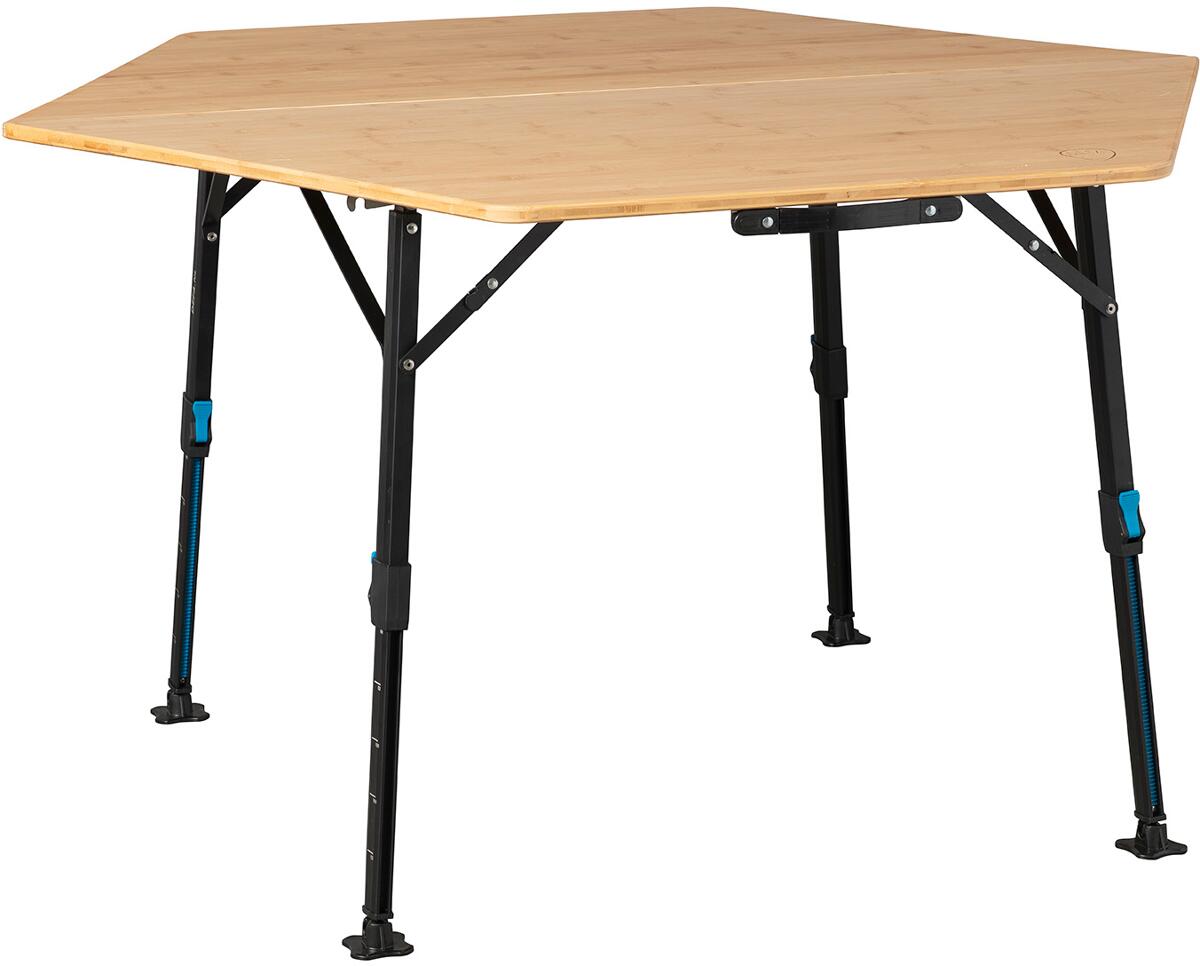 Campingbord 6-kantet bambus, justerbar høyde, 120x104x70 cm sett forfra