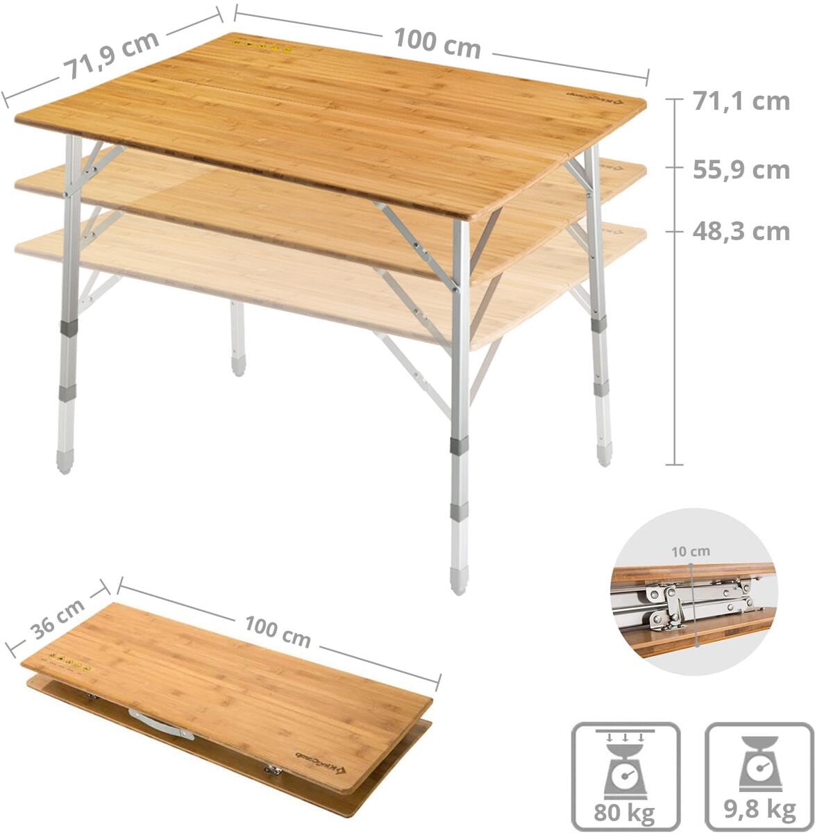 Campingbord Bamboo Family 100x72 cm, 3 høyder, bambus bakside