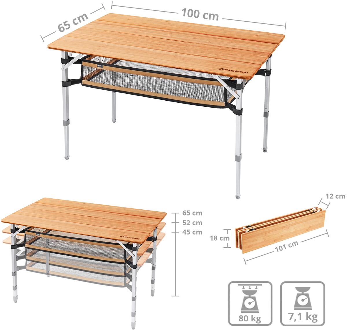 Campingbord Bamboo Plus 100x65 cm, 3 høyder, bambus bakside
