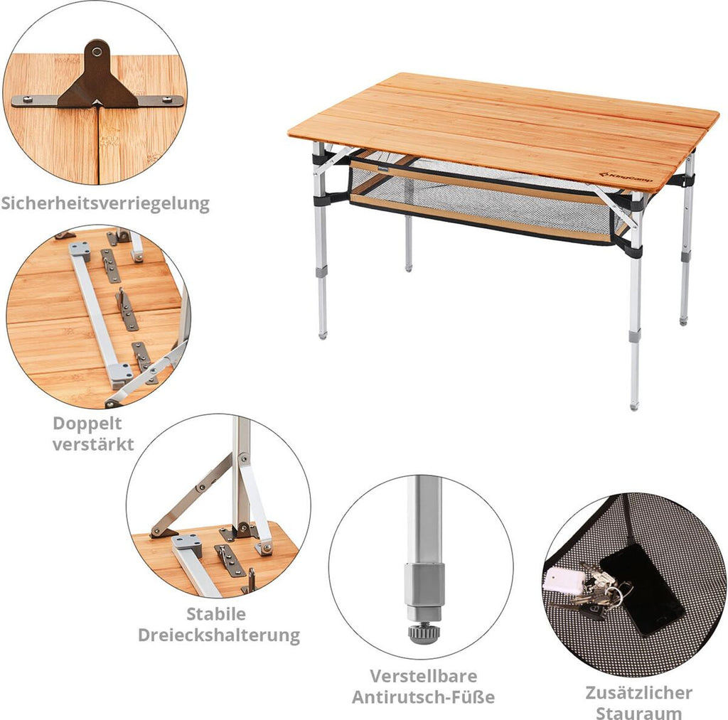 Campingbord Bamboo Plus 100x65 cm, 3 høyder, bambus detalj av bordplate