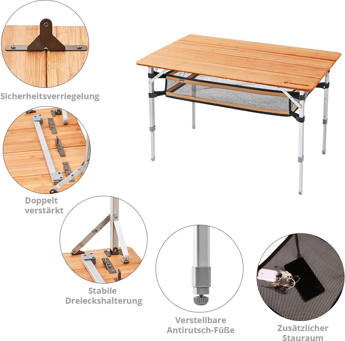 Campingbord Bamboo Plus 100x65 cm, 3 høyder, bambus detalj av bordplate