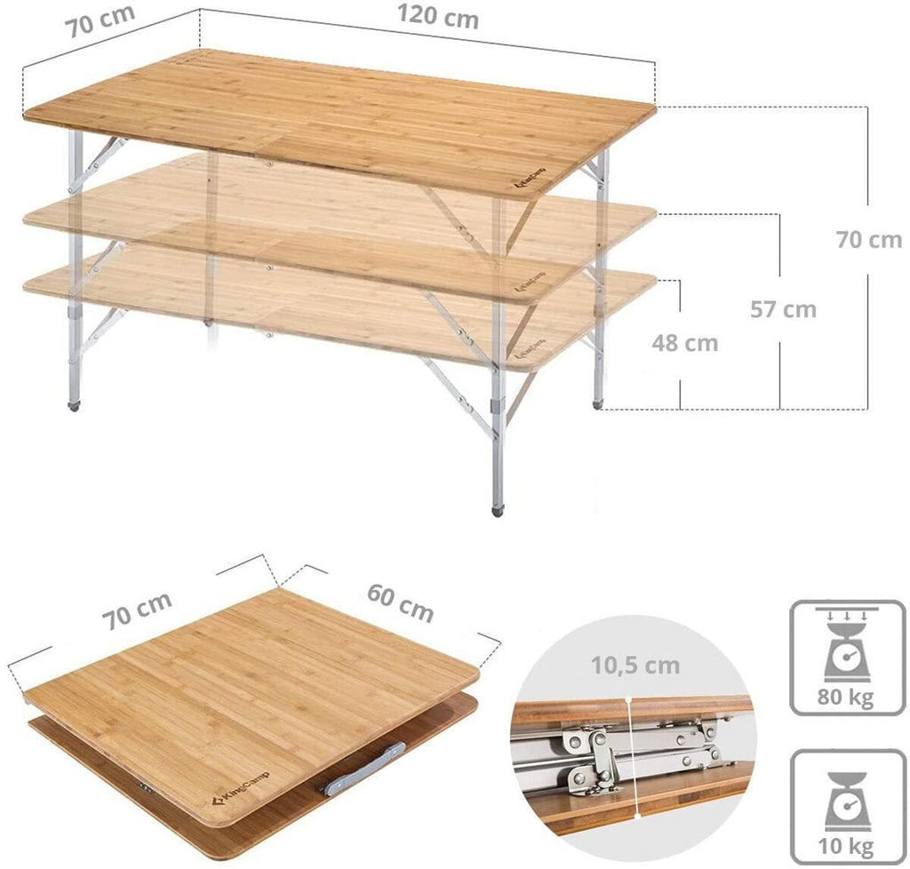 Campingbord Bamboo XL 120x70 cm, 3 høyder, bambus bakside