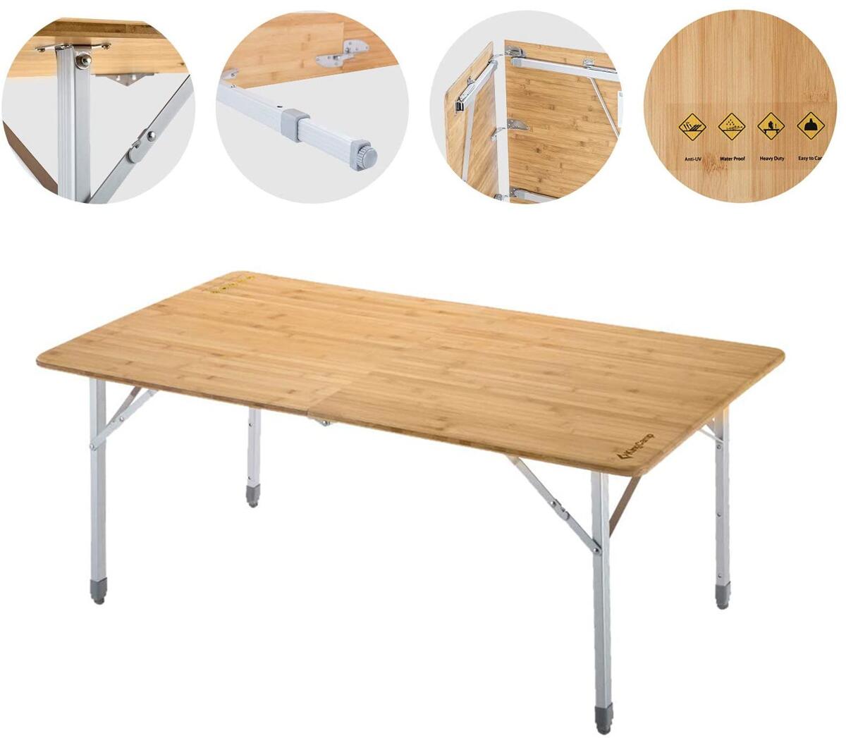 Campingbord Bamboo XL 120x70 cm, 3 høyder, bambus detalj bordplate