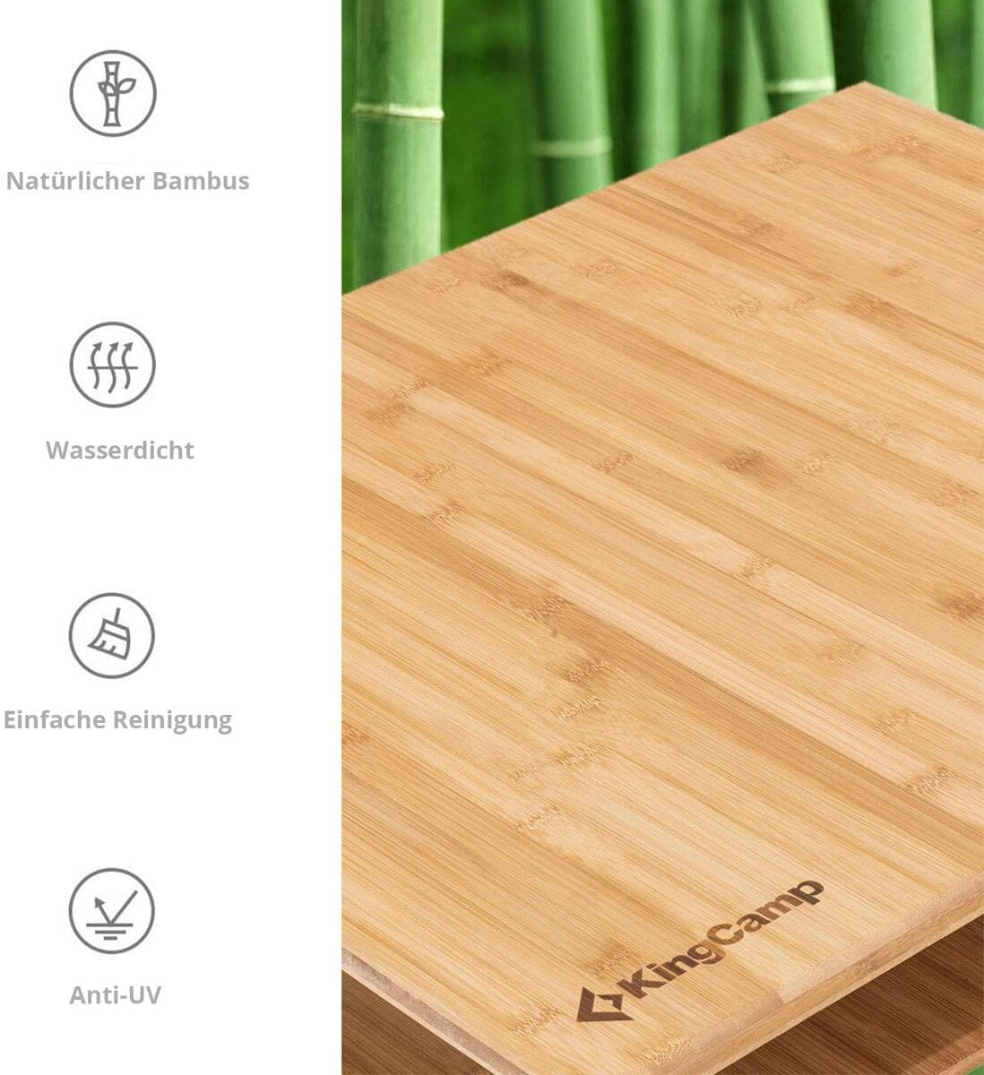 Campingbord Bamboo XL 120x70 cm, 3 høyder, bambus montert på campingplass