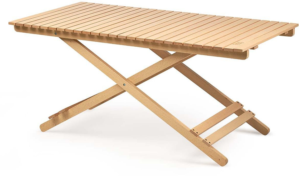 Campingbord klappbart 120x60 cm bøketre høydejusterbart detalj av bordplate