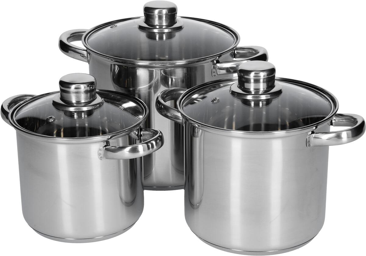 Campinggrytesett 6-deler rustfritt stål med glasslokk forfra