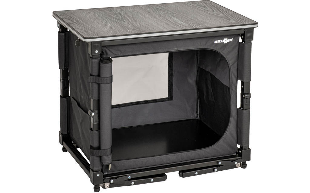 Campingkjøkken Elùtop Compack Cube svart aluminium montert i campingmiljø