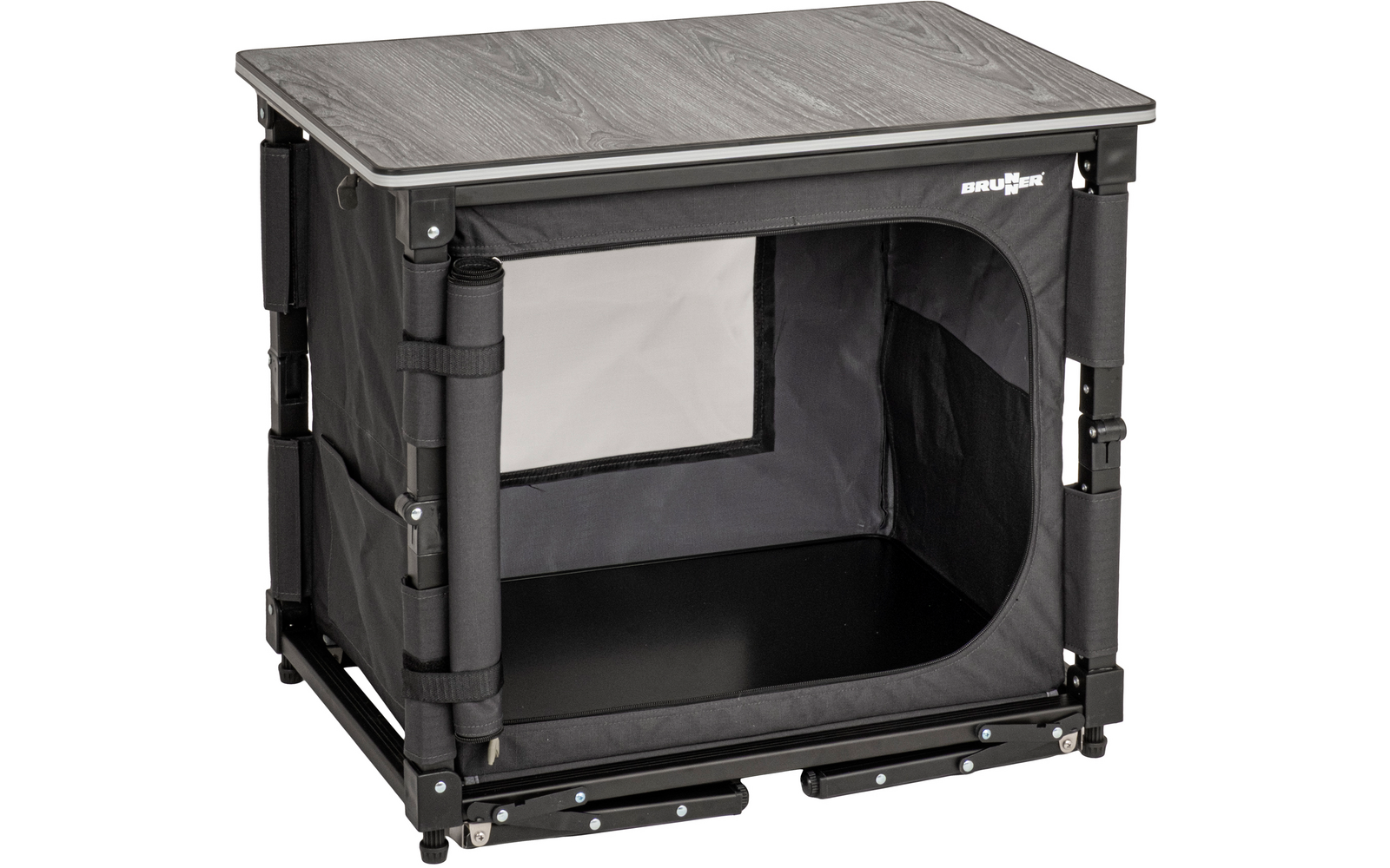 Campingkjøkken Elùtop Compack Cube svart aluminium montert i campingmiljø