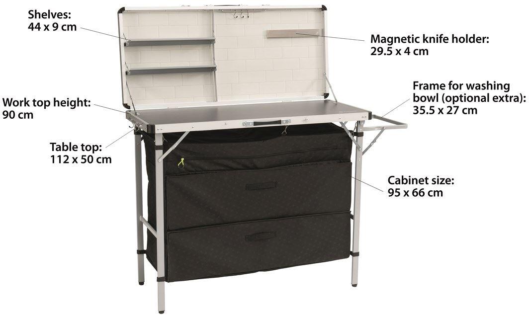 Campingkjøkken Magante 136x54cm med vindskjerm montert på campingplass
