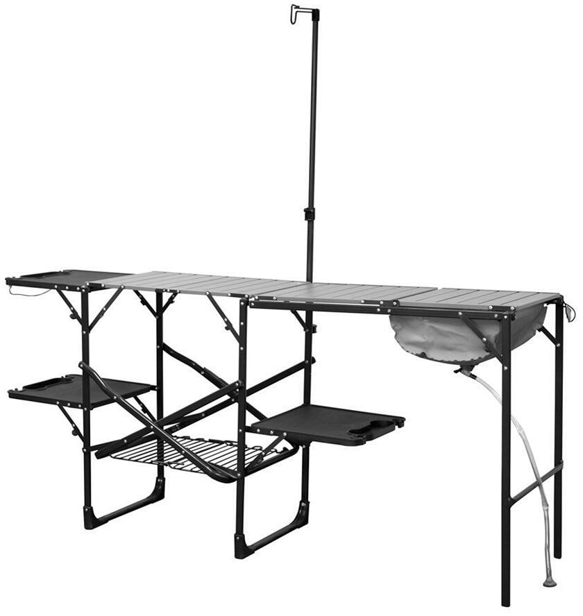 Campingkjøkken med oppvaskkum 143x88 cm aluminium 10,3 kg - CAMPWERK forfra