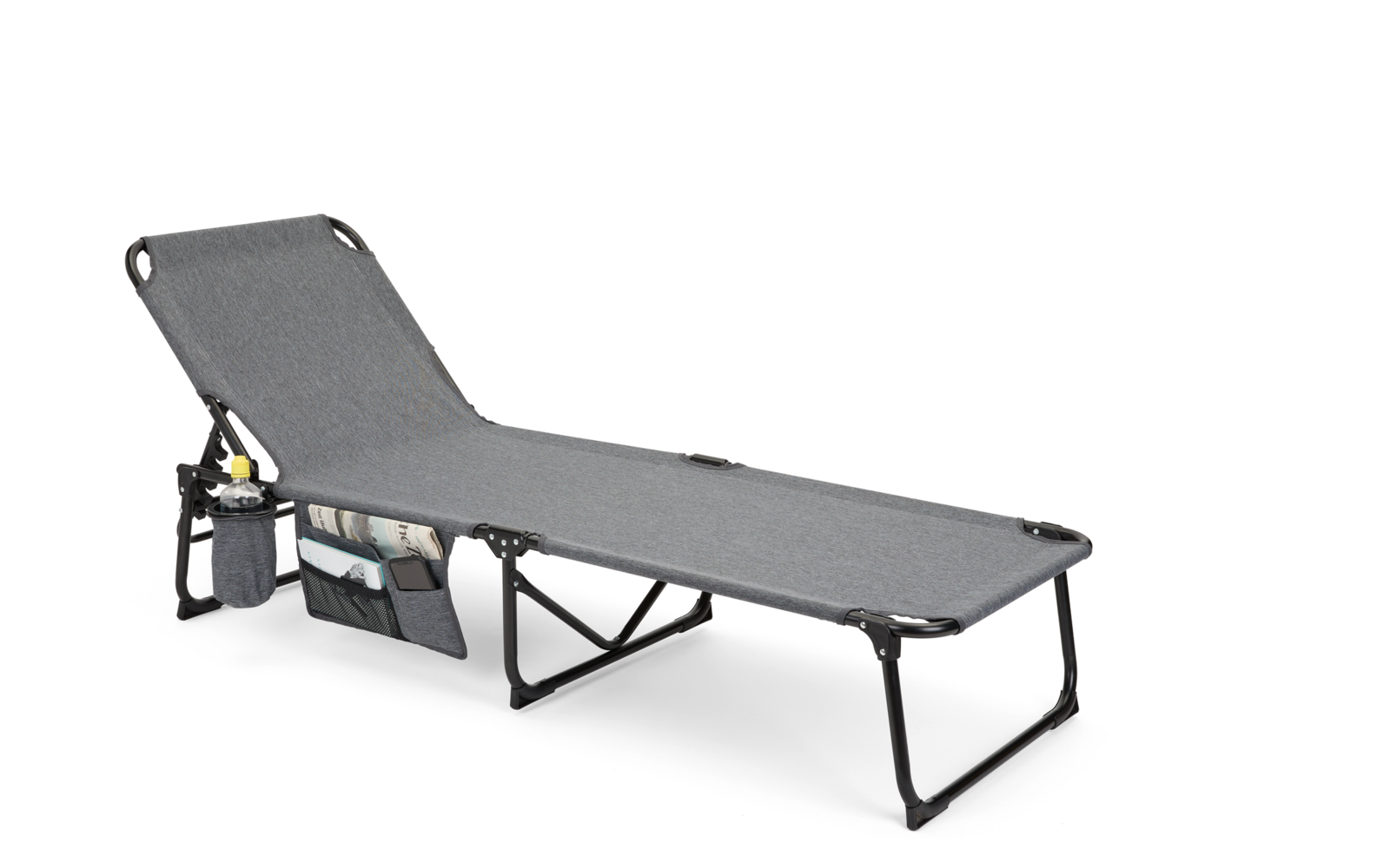 Campingliege grå melert 186x60 cm med kopp­holder bakside
