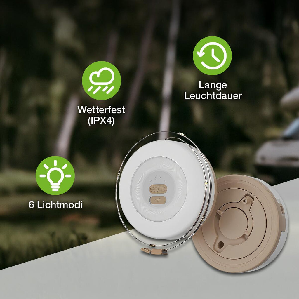 Campinglykt MultiGlow med lyslenke 10 m oppladbar USB-C bakside