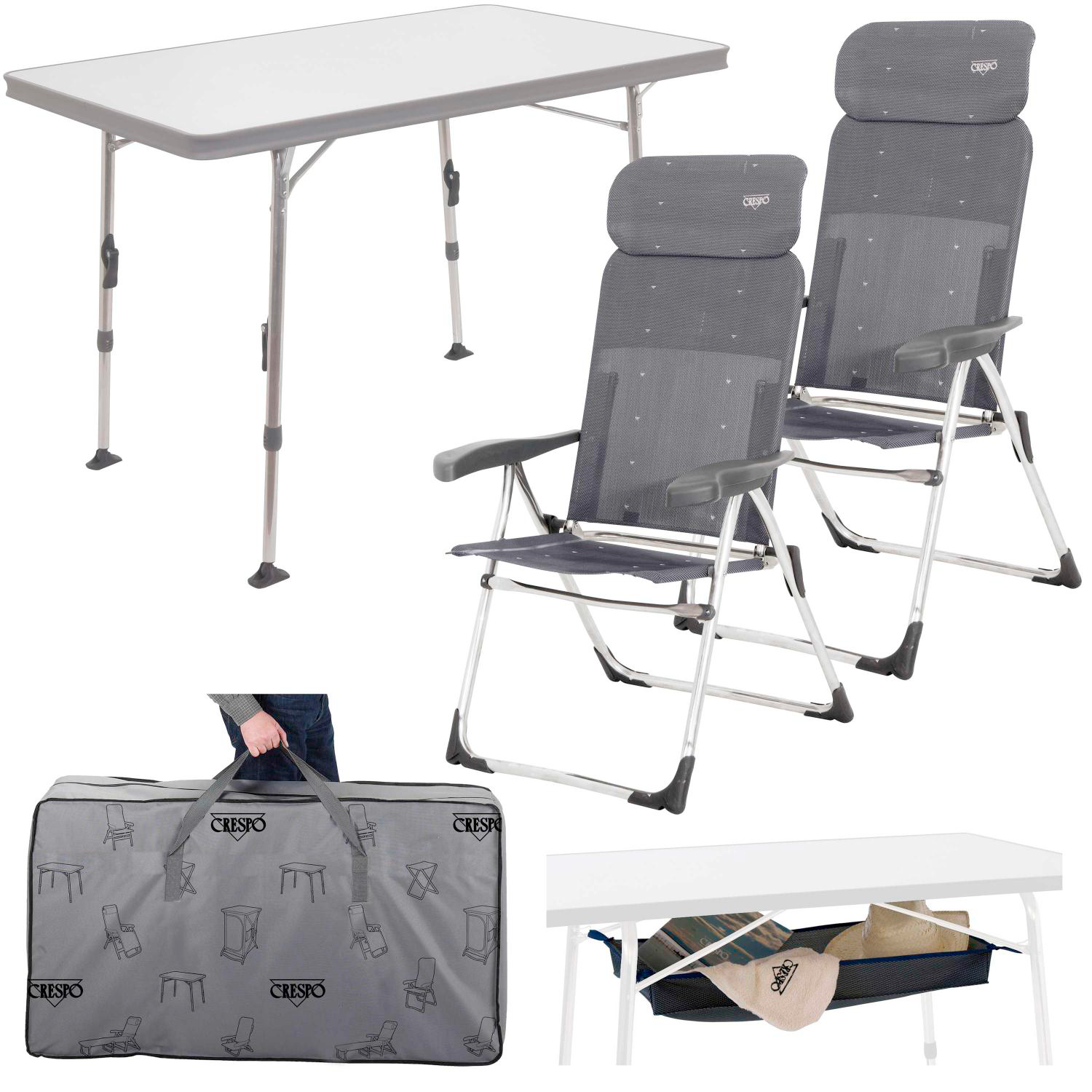 Campingmøbelsett AL/213-CT 5-delt bord + 2 stoler - Crespo forfra