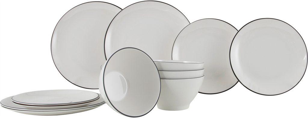 Campingservise Linea Line melamin 12 deler svart/hvit forfra