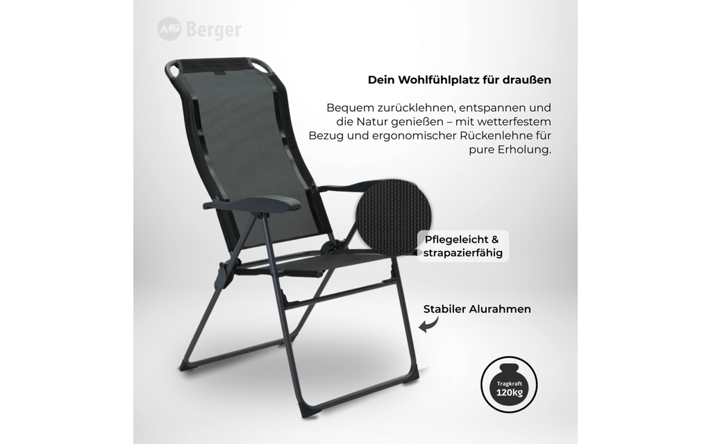 Campingstol Iseo Comfort svart detalj av ryggstøtte