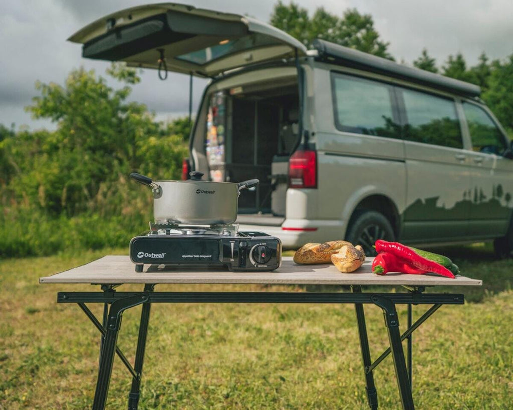 Sammenrullet bordplate på Canmore campingbord rullbart aluminium justerbare ben - Outwell