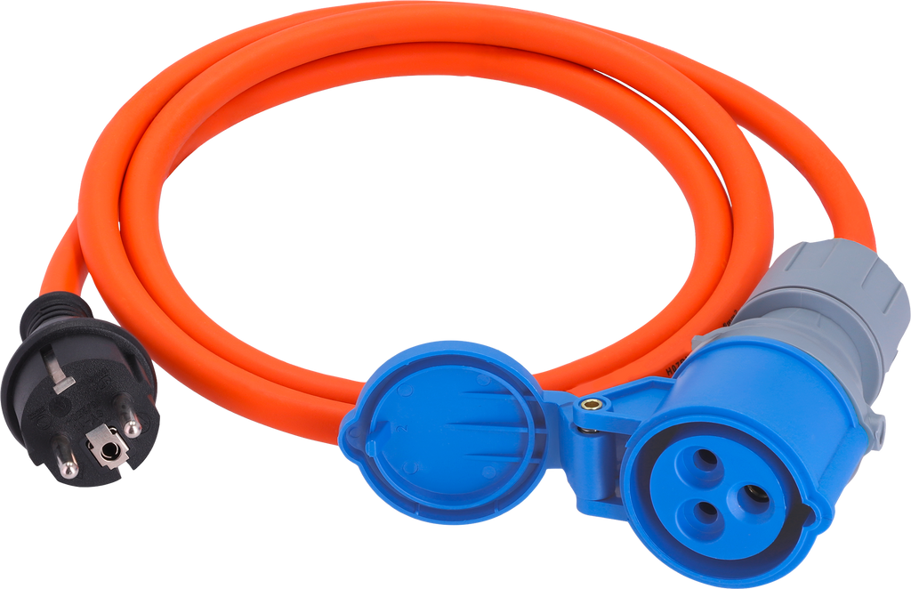 CEE-adapterkabel med jordingsstøpsel og CEE-kobling oransje forfra