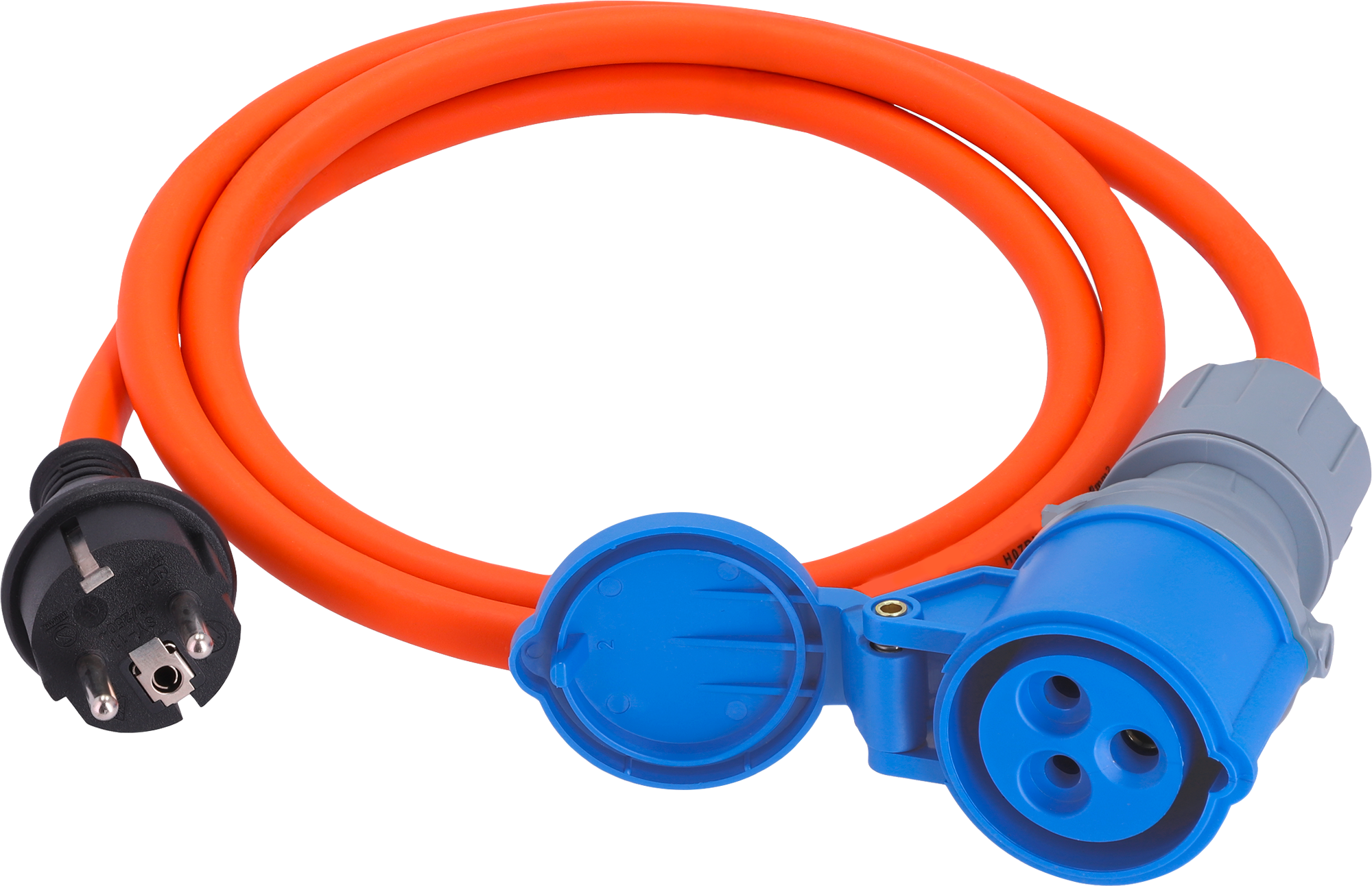 CEE-adapterkabel med jordingsstøpsel og CEE-kobling oransje forfra