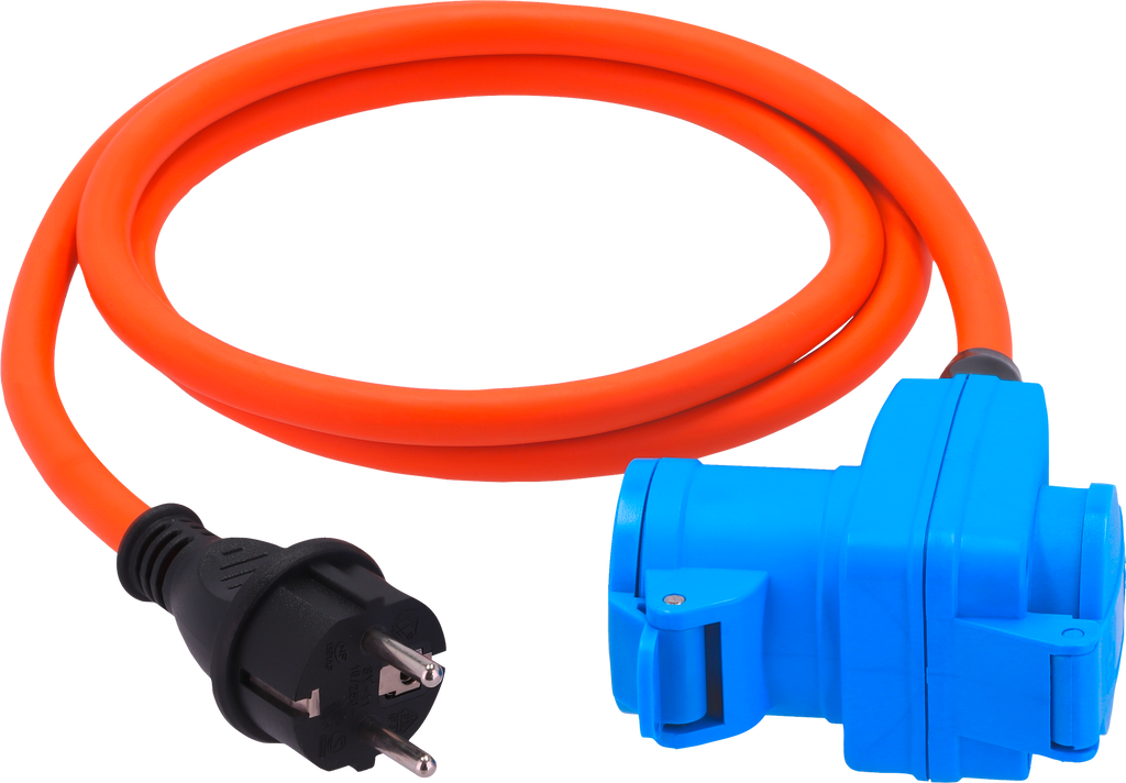 CEE-adapterkabel med vinkelkobling og dobbel kobling 1,5 m oransje IP44 forfra