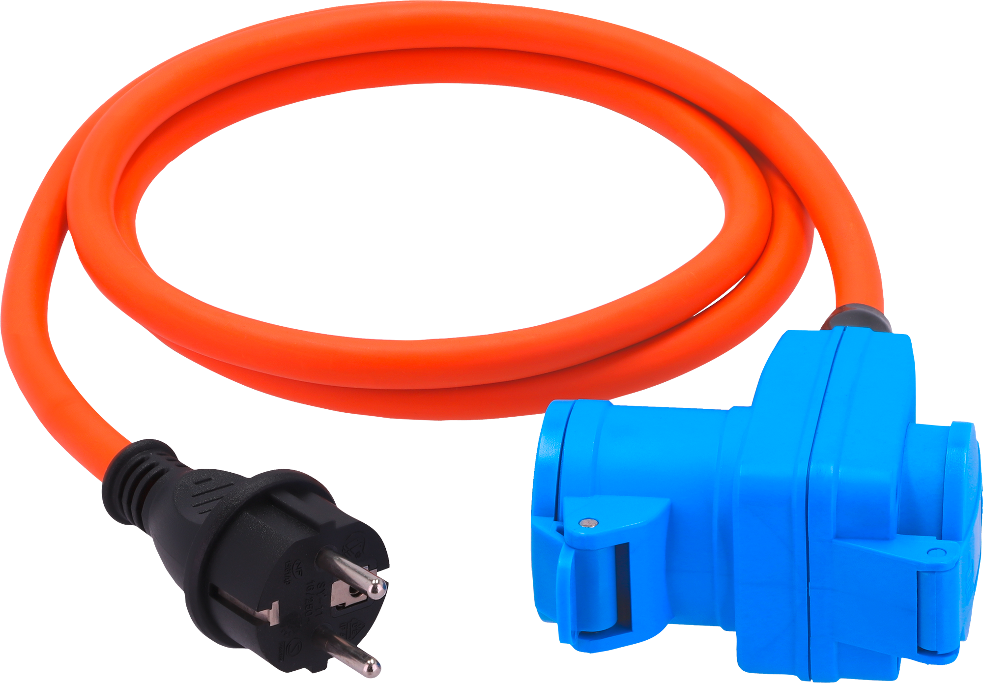 CEE-adapterkabel med vinkelkobling og dobbel kobling 1,5 m oransje IP44 forfra