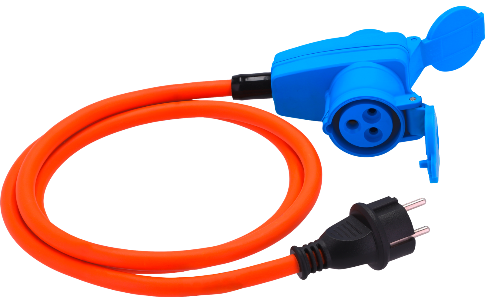 CEE-adapterkabel med vinkelkobling og dobbel kobling 1,5 m oransje IP44 bakside