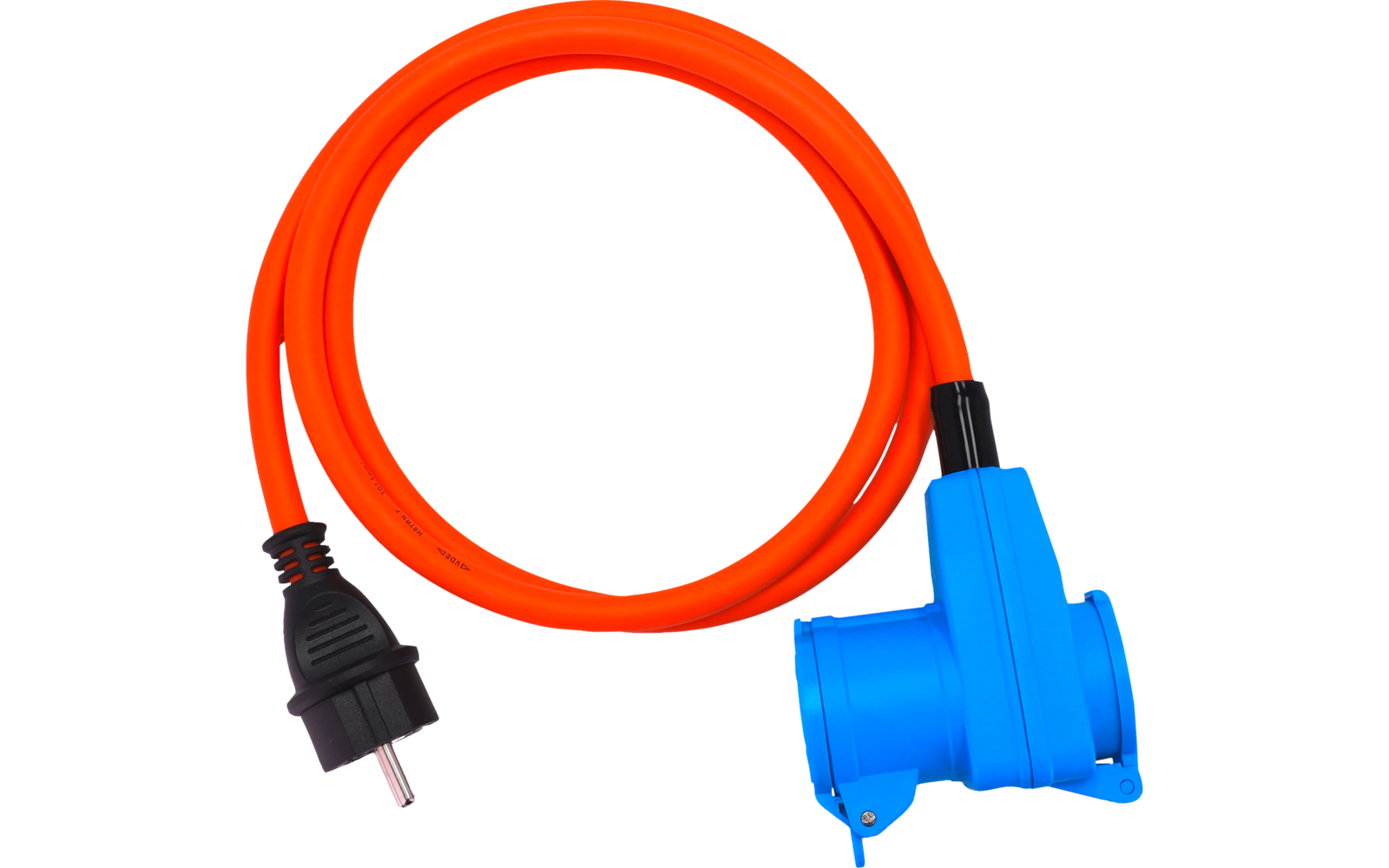 CEE-adapterkabel med vinkelkobling og dobbel kobling 1,5 m oransje IP44 detalj nærbilde