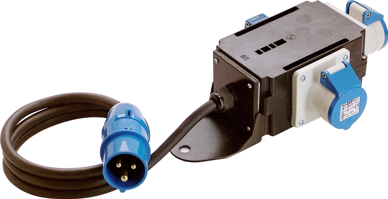 CEE-strømfordeler 3-polig 2x CEE + 1x schuko 1,5 m kabel fra AS-Schwabe for camping