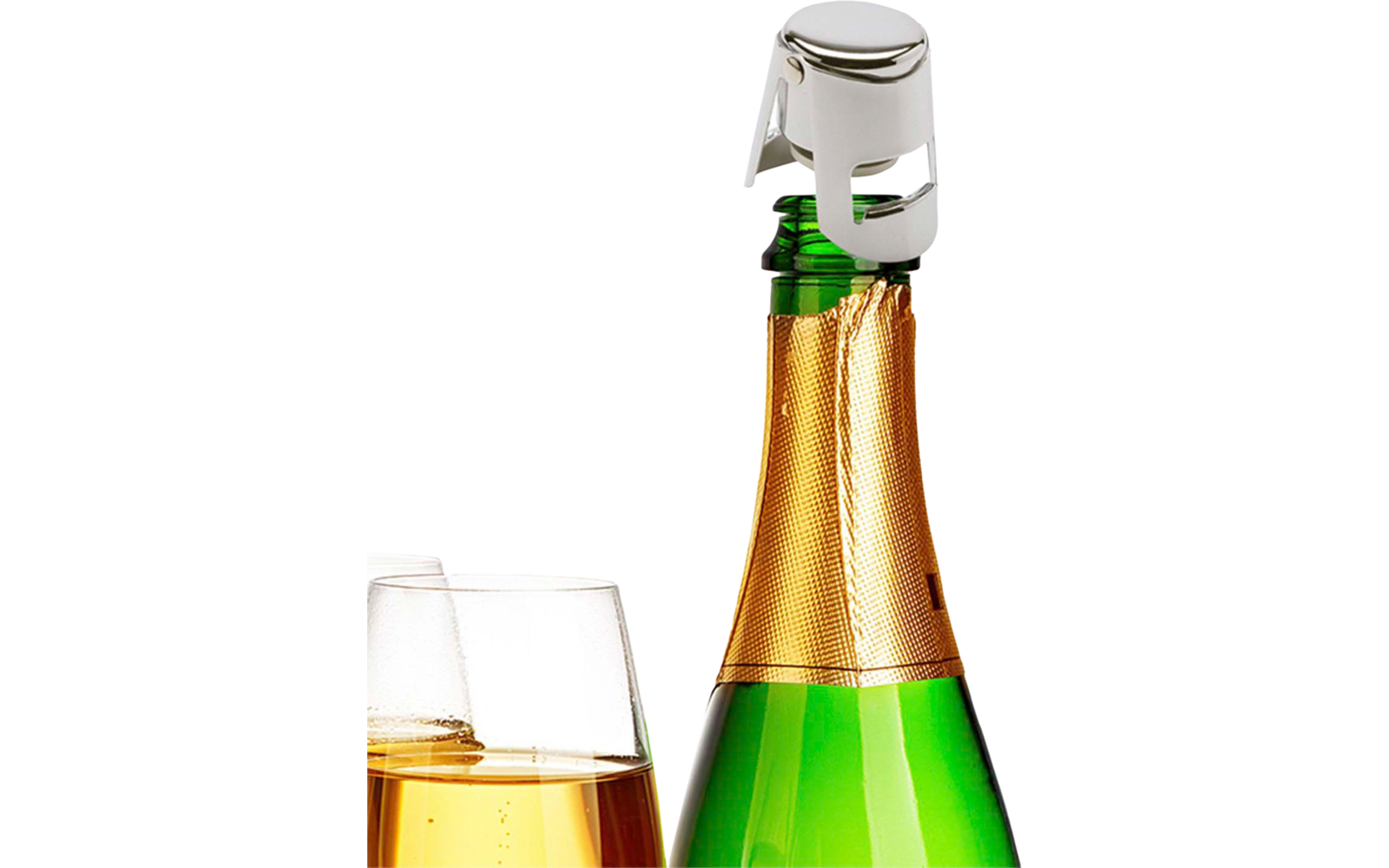 Detalj av Champagnekork i stål, forkrommet sølvfarget - Westmark montert på flaske