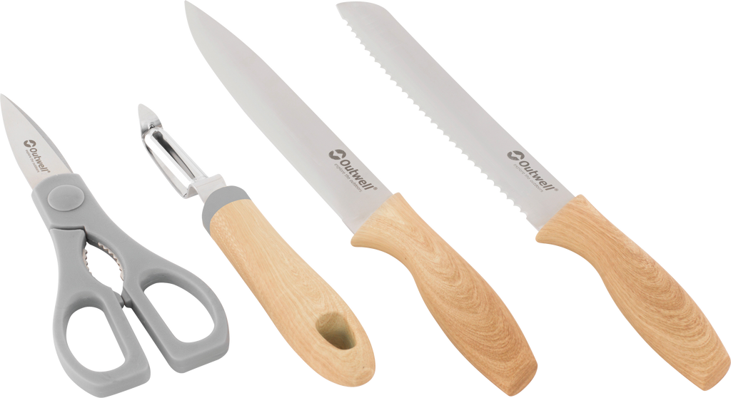 Chena knivsett 4-delt med brødkniv saks og skreller forfra