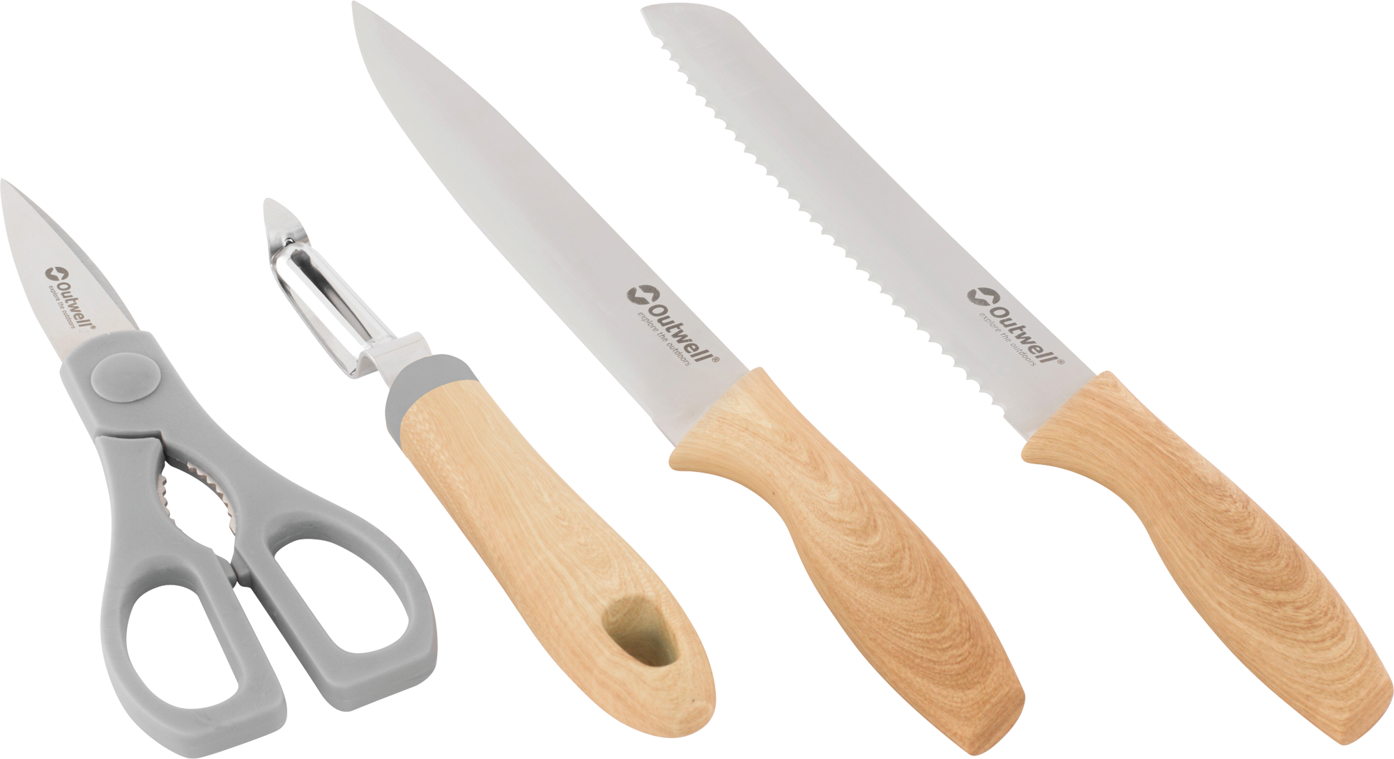 Chena knivsett 4-delt med brødkniv saks og skreller forfra