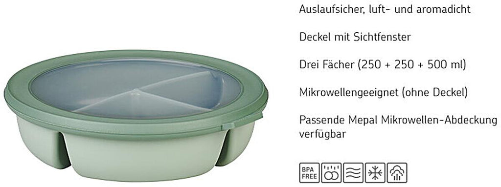 Cirqula Bento lunchbolle med 3 rom 230x230mm - Mepal detalj av lokk