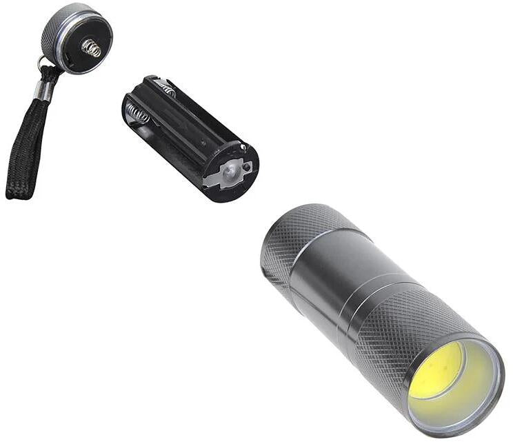 Bakside av COB LED-lommelykt i aluminium med batterier
