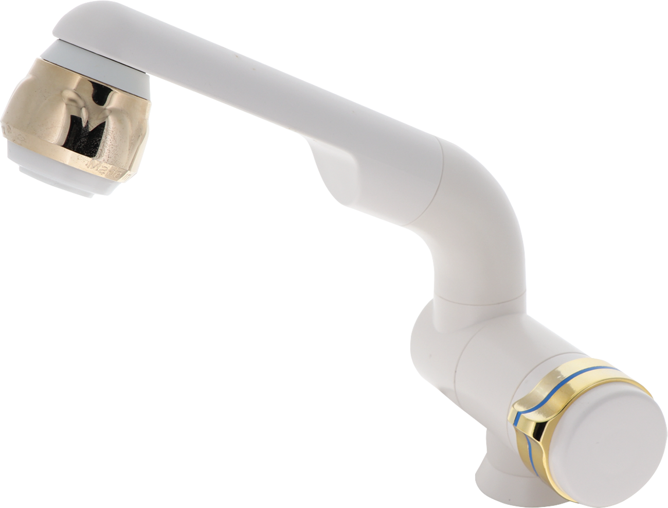 Compact vannkran hvit/gull svingbar med automatisk bryter fra Barwig for campingbruk