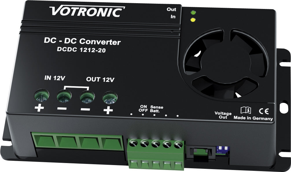 DC-DC spenningsomformer DCDC 1212-20 12V 20A fra Votronic, forfra