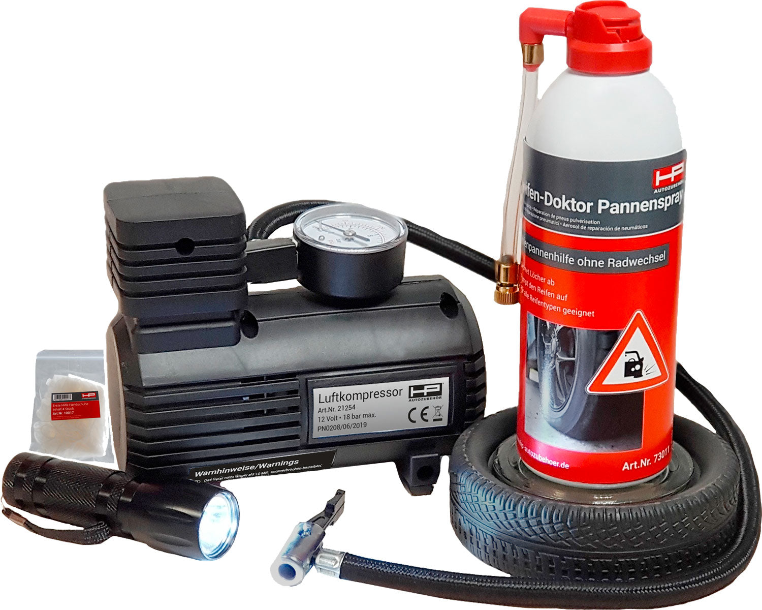 Dekkpannesett med luftkompressor og tettespray 1,4 kg - HP forfra