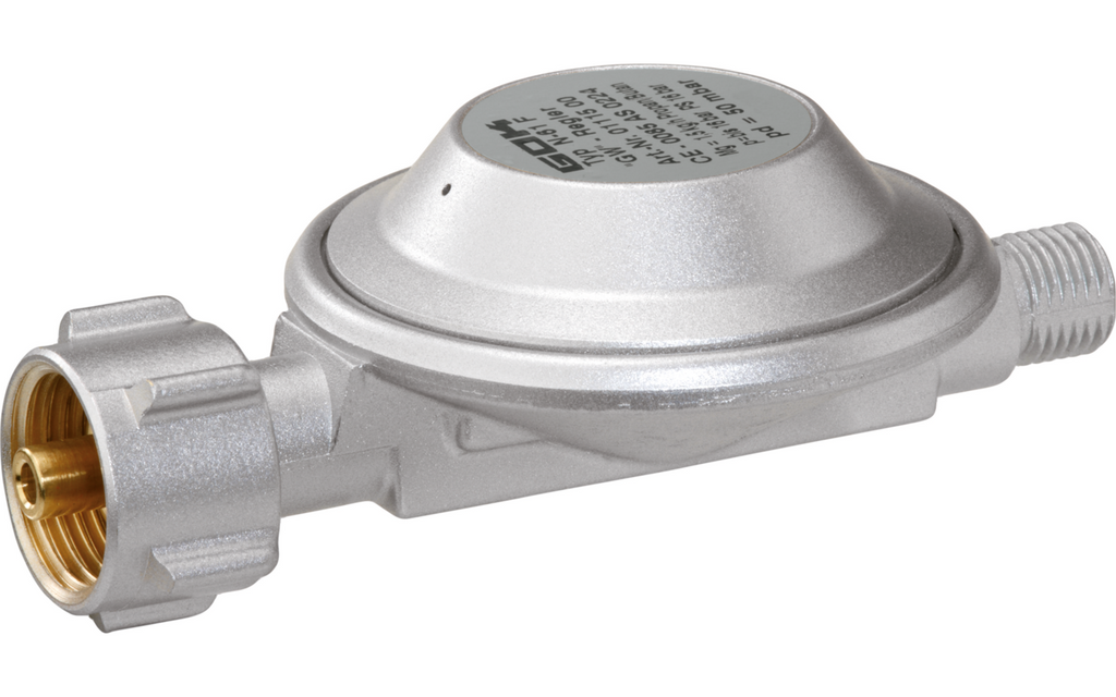 DIN-campingregulator 50 mbar for 5 og 11 kg propanflasker - GOK bakside