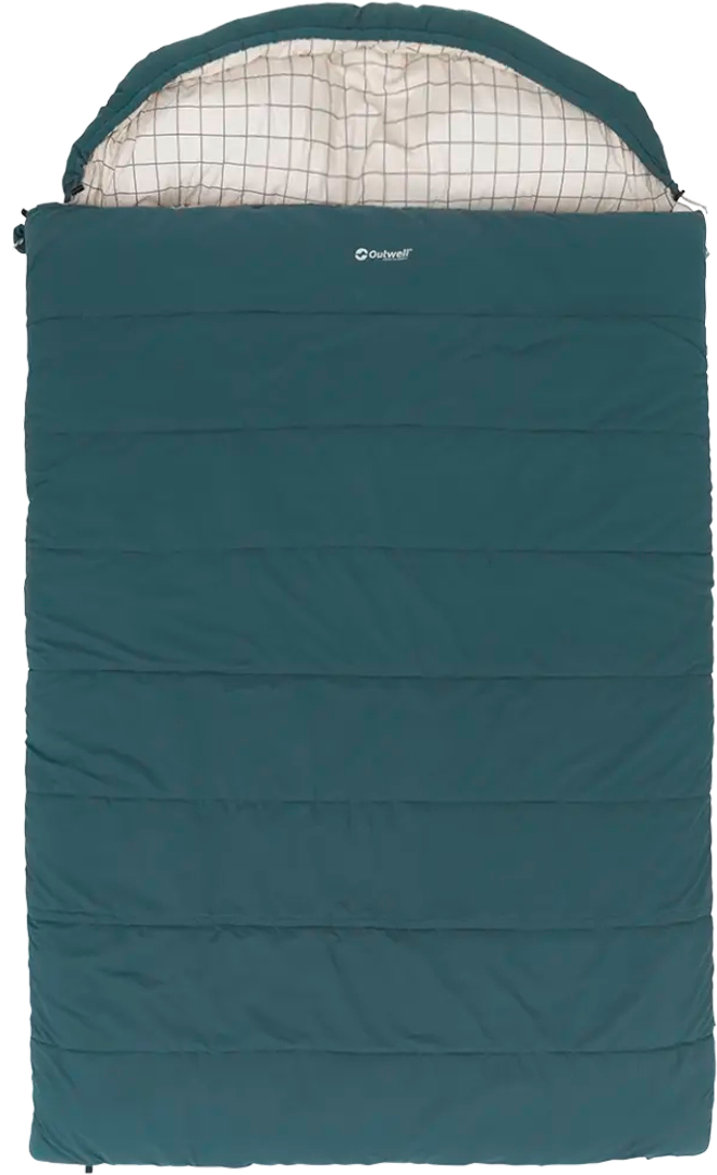 Dobbel teppesovepose Camper Lux blå 235 x 150 cm 2 personer - Outwell sett forfra med puter og hette