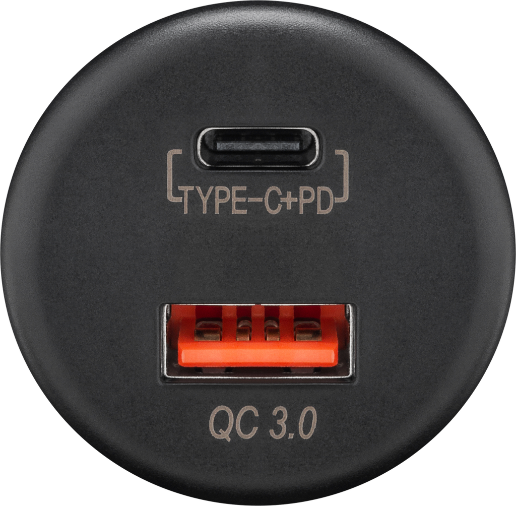Dobbel USB-A/USB-C innbyggingslader 12/24 V hurtiglading 18 W Wentronic forfra