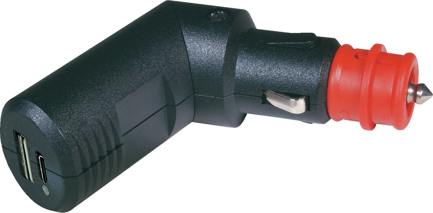Dobbel USB-C/A ladeplugg vinklet 12V med spenningsomformer - ProCar forfra