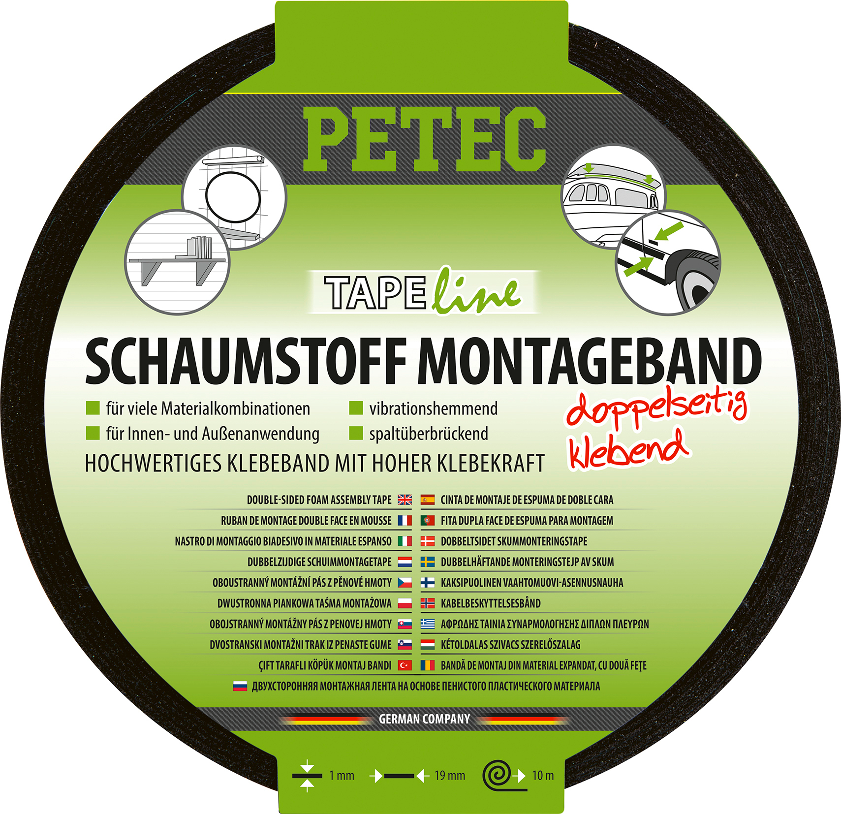 Dobbeltsidig skummonteringstape 10 m x 19 mm x 1 mm svart fra Petec