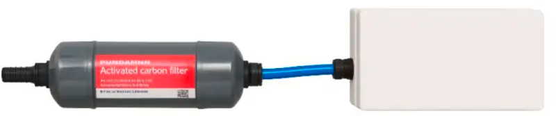 Drikkevannrensing UV-C LED med aktivkullfilter 12V 2L/min sett forfra
