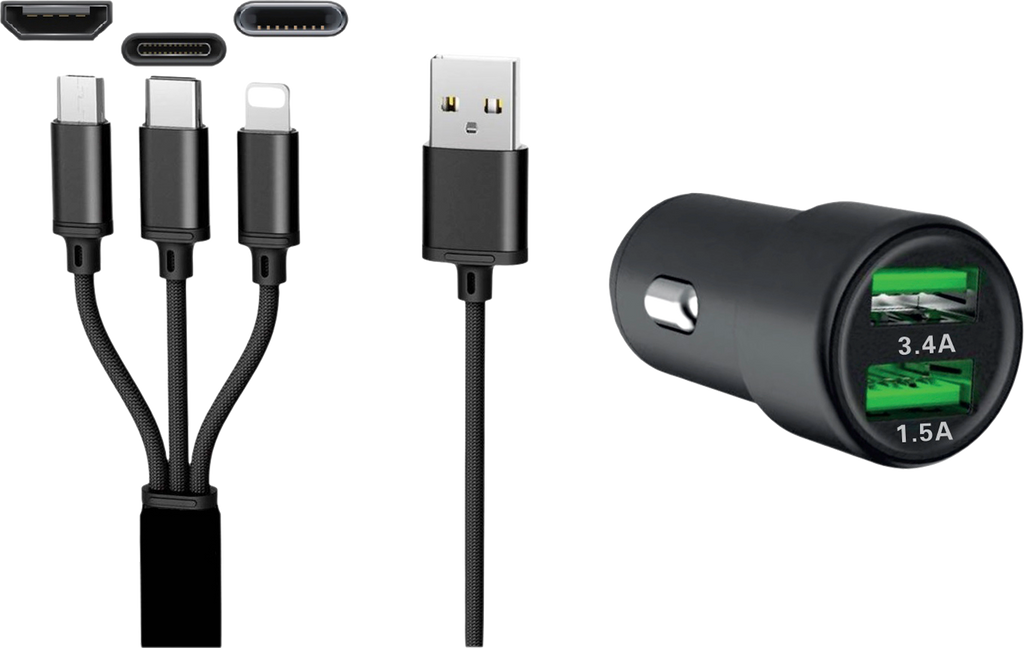 Dual 3-i-1 USB billader med 1,2 m kabel og 3 tilkoblinger forfra