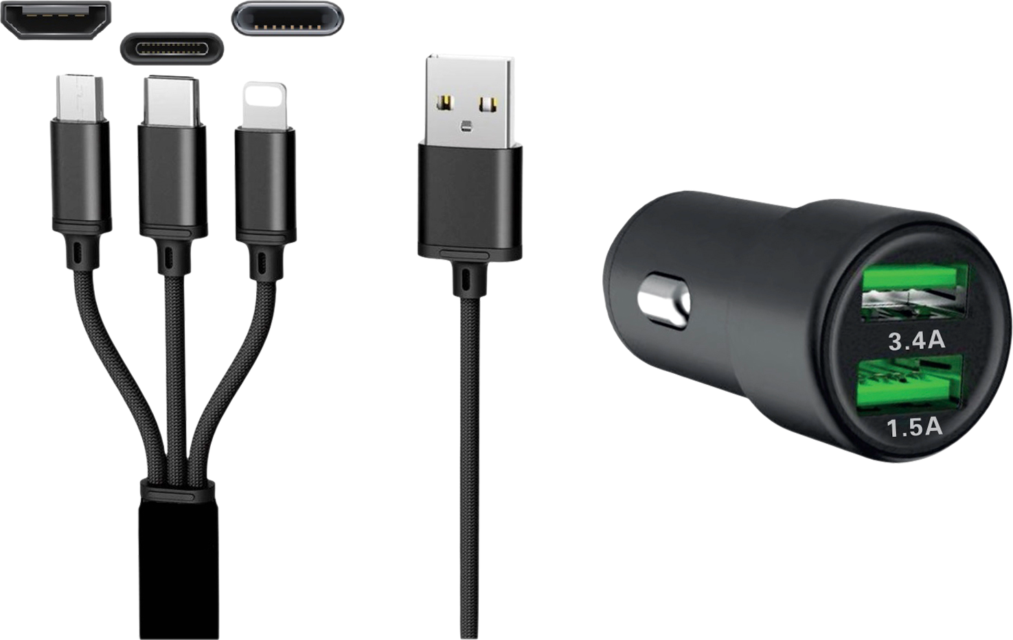 Dual 3-i-1 USB billader med 1,2 m kabel og 3 tilkoblinger forfra