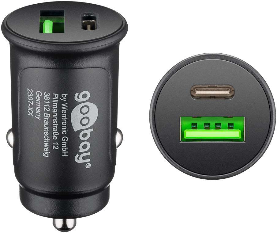 Dual-USB billader 30W USB-A og USB-C Power Delivery - Goobay for rask lading i bil