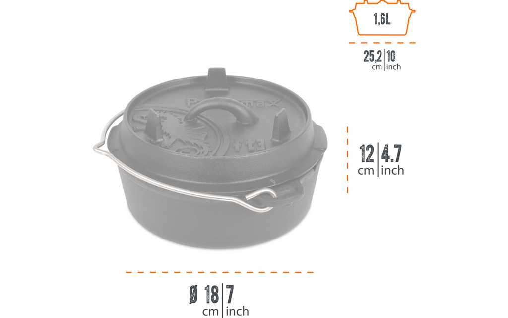 Dutch Oven støpejern 1,6 liter for bål og ovn - Petromax detalj av lokk