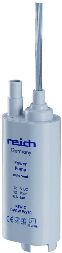Dykkvannpumpe 12V 0,6 bar 12 l/min med hurtigutlufting fra Reich, forfra