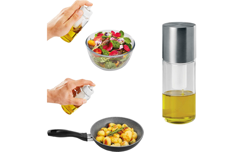 Eddik- og oljespray 70 ml glass og rustfritt stål - Metaltex på kjøkkenbenk