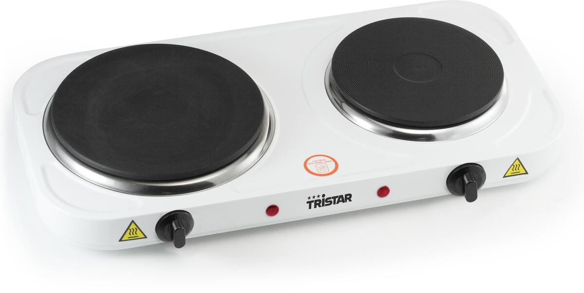 Elektrisk kokeplate 2 soner 2500W Ø15,5/18,5cm hvit - Tristar foran